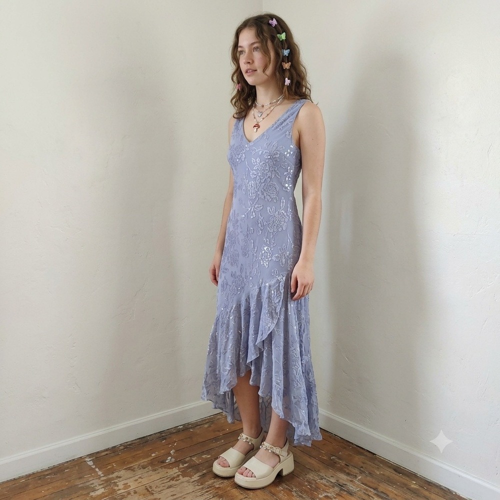Vintage Y2K Alex Evenings Womens Dress 10โ Blue Floral Sequin Beaded Fairy Silky